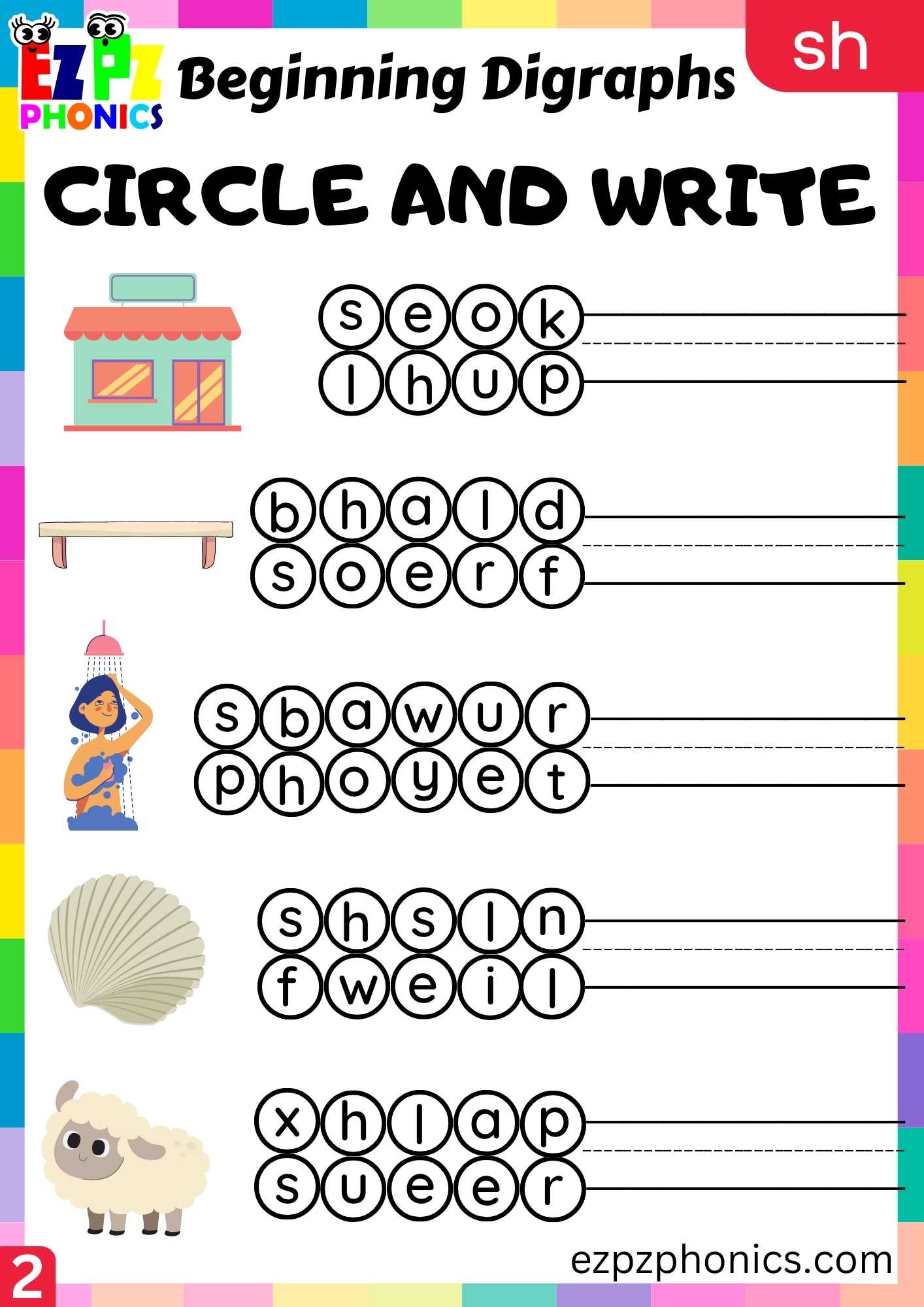 Group2 SH Words Circle And Write Consonant Digraphs Phonics Beginning Worksheet